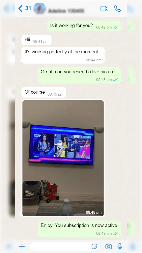 WhatsApp conversation between a subscriber and Smart One IPTV support — screenshot 6 of 9