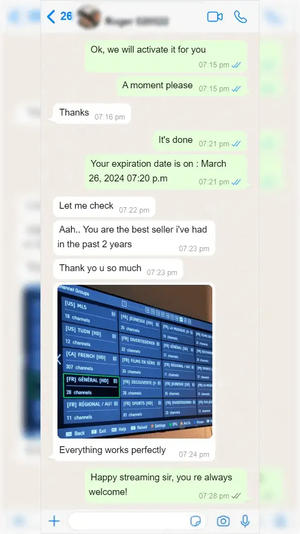 WhatsApp conversation between a subscriber and Smart One IPTV support — screenshot 7 of 9