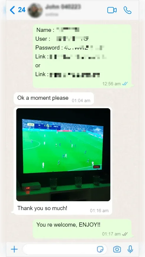 WhatsApp conversation between a subscriber and Smart One IPTV support — screenshot 8 of 9